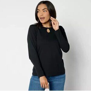 Denim & Co. Essentials Luxe Jersey Long Sleeve Keyhole Top-Black-Medium-A657846